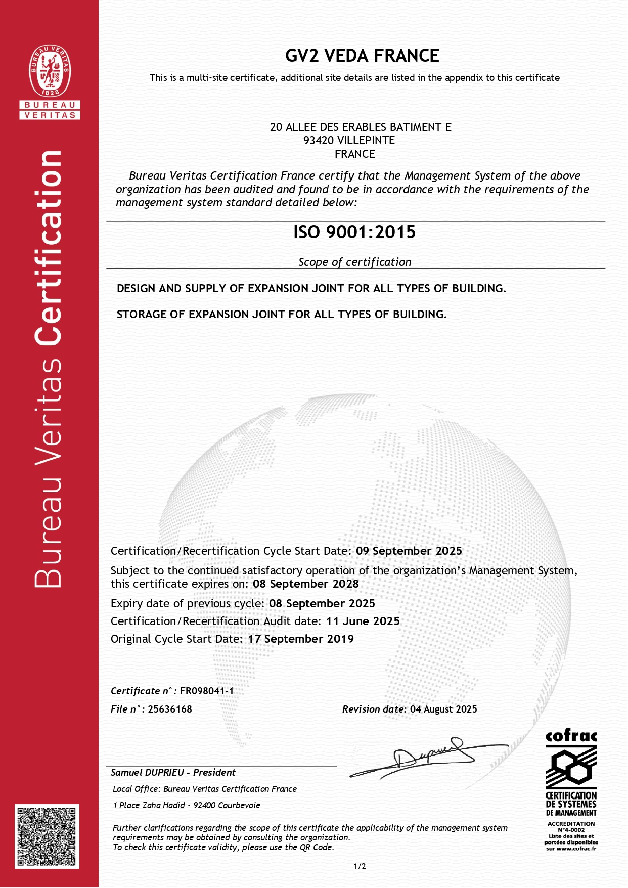 VEDA FRANCE is ISO 9001 certified